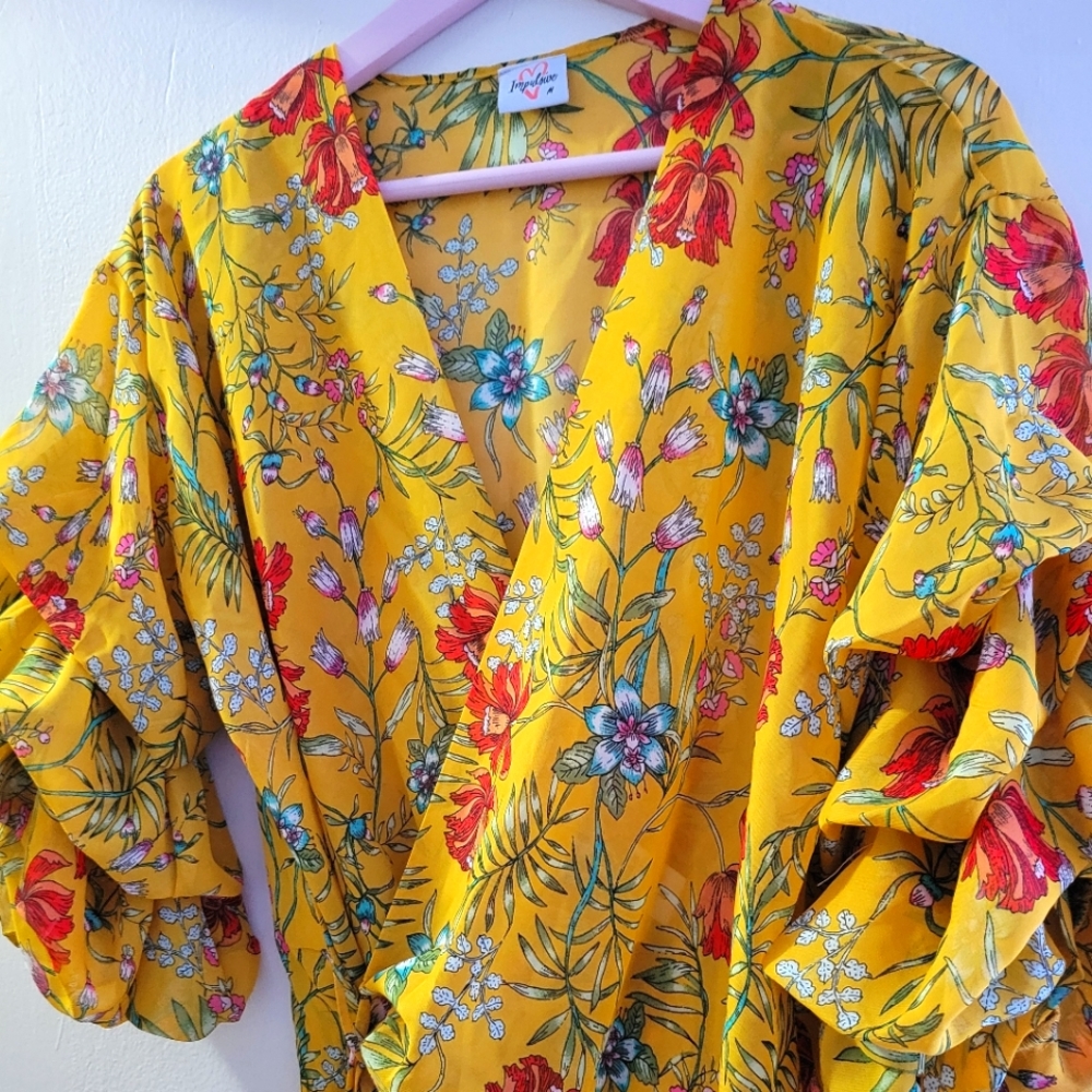 Yellow floral wrap blouse